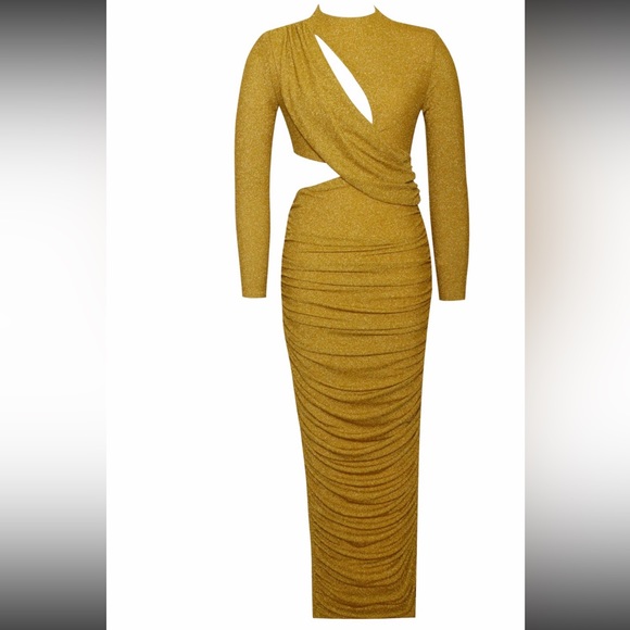 Gold Long Sleeve Metallic Jersey Cutout Dress - Picture 6 of 6